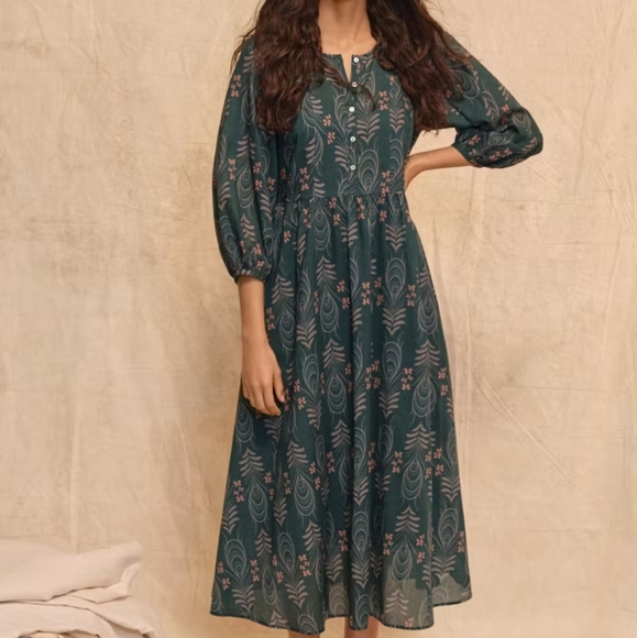 WRAP LONDON Puff Sleeve Feathers & Floral Printed Cotton Midi Dress Sz 14 - Picture 3 of 12